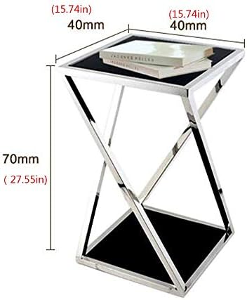 Telephone Table, Stainless Steel Glass Coffee Table,Sofa Side Table/Telephone Table,Black and White Flower Stand,for Living Room Bedroom,Stainless Frame,Black(Black-15.74 * 15.74 * 27.55in