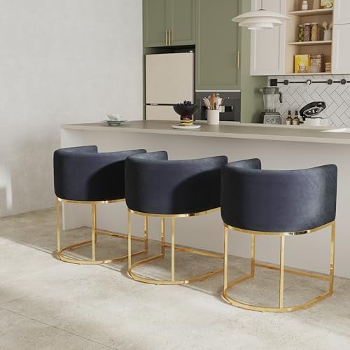 RIVOVA Black Velvet Bar Stools Set of 2, 24" Contemporary Upholstered Fabric Counter Height Barstools Kitchen Counter Island Stools with Golden Metal Base
