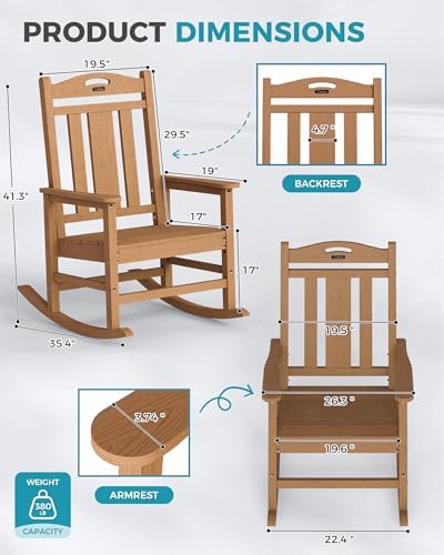 Ciokea Oversized Outdoor Rocking Chairs Set of 2, 380lbs Heavy-Duty Large Patio Rocker, High Back Cozy Porch Chairs, Weather Resistant Patio Rocking Chairs for Outside, Fire Pit, Deck, Teak