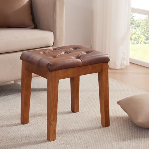 Ottoman Vanity Wooden Stool with Padded Seat, Faux Leather Brown | Square Wood Accent Dining Makeup Piano Stool with Button-Tufted Padded Upholstered Seat & Wood Legs for Living Room Bathroom