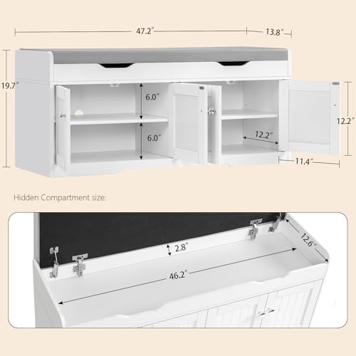 3-Tier Storage Bench, 47.2" Wide Shoe Bench with Lift Top Storage & 2 Adjustable Shelves, Entryway Bench with Padded Seat Cushion, Shoe Cabinet Bench for Entryway, Living Room, Bedroom (White)