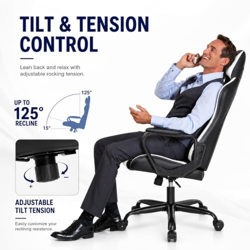 BestOffice High-Back Gaming Chair PC Office Chair Computer Racing Chair PU Desk Task Chair Ergonomic Executive Swivel Rolling Chair with Lumbar Support for Back Pain Women, Men,White
