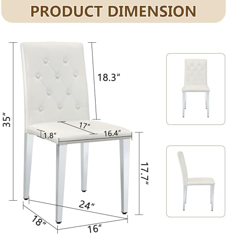White Dining Chairs Set of 4, Faux Leather, Silver Metal Legs | Button-Tufted Upholstered Parsons Chairs with Padded Seats for Dining Room, Kitchen, Apartment, or Restaurant Use