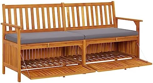 Black Acacia Wood Storage Bench Rectangular, 67 in Outdoor Storage Bench with Cushion, Black and Brown Patio Seating for Three
