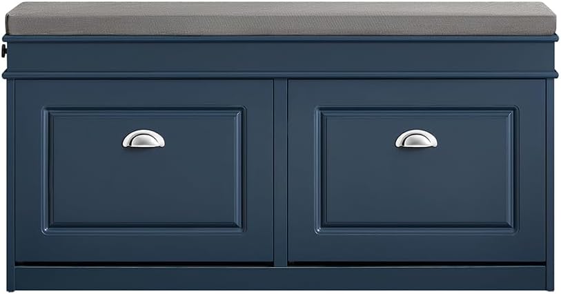Haotian Shoe Storage Bench Entryway, Shoe Cabinet Bench with 2 Flip Drawers & Cushion, Modern Design Shoe Organizer for Hallway, Navy Blue FSR64-B