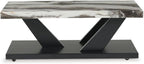 BOWERY HILL Coffee Table Set, 3-Piece, Faux White Marble Tops, Black Wood Frames, Built-in Casters, Includes 1 Coffee Table and 2 End Tables, Contemporary Living Room Furniture Set