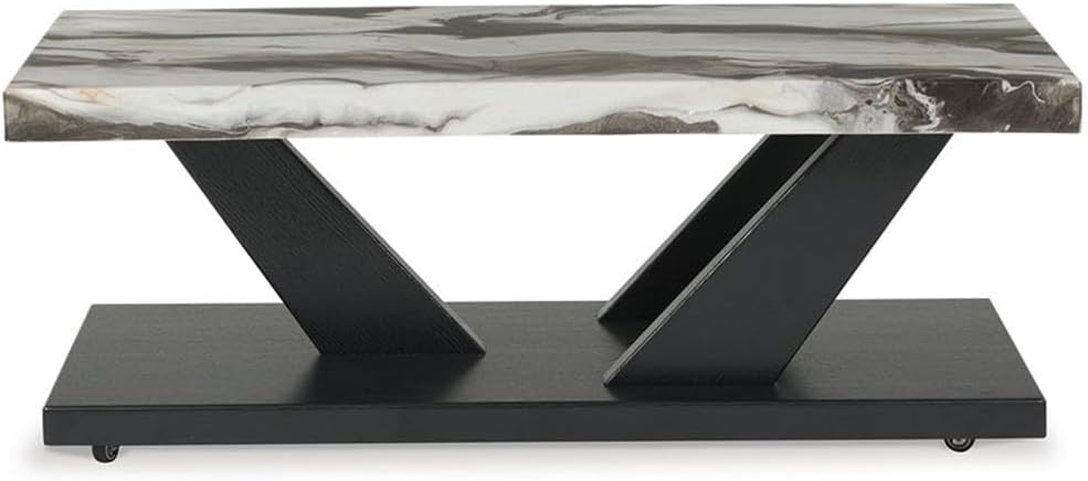 BOWERY HILL Coffee Table Set, 3-Piece, Faux White Marble Tops, Black Wood Frames, Built-in Casters, Includes 1 Coffee Table and 2 End Tables, Contemporary Living Room Furniture Set