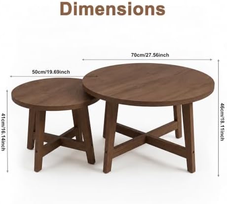 47.2" Round Nesting Coffee Table Set of 2 Walnut Wood Grain Center Tables | Space-Saving Stackable Design | Reinforced X-Cross Support Structure | Waterproof Scratch-Resistant Surface Finish