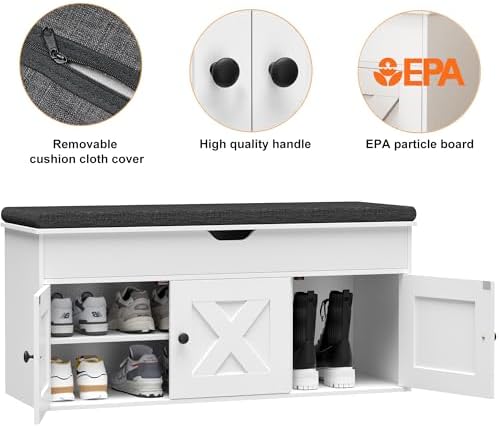 Homleke Shoe Storage Bench with Lift Top & 3 Barn Doors | Entryway Bench with Removable Cushion, Adjustable Shelf & Hidden Storage, for Hallway, Living Room & Bedroom, White