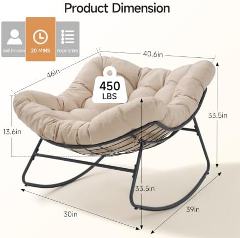 Papasan Rocking Chair, Oversized Outdoor Egg Chair with Thick Cushion | 450 lbs Heavy-Duty Frame, 6.7" Thick Cushion, Silent Rocking Design, Adjustable Rocking Angle, Indoor & Outdoor Use
