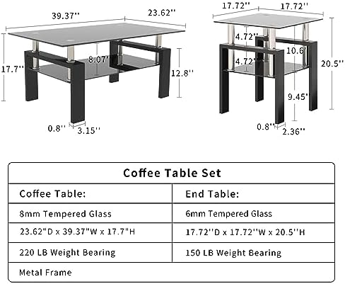 ODUSE-DAILY All Black Glass Coffee Table Set of 3 Piece, Living Room Table Set of 3 Pcs, Black Glass Coffee Table and End Table Sets, Metal Legs, Tempered Glass