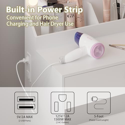 BORNOON Small Vanity Desk with Mirror and Lights, Makeup Vanity Desk with Adjustable Brightness 3 Light Modes, RGB Storage Cabinet, Power Outlet, Drawer, Shelves, Vanity Table for Women Girls Bedroom