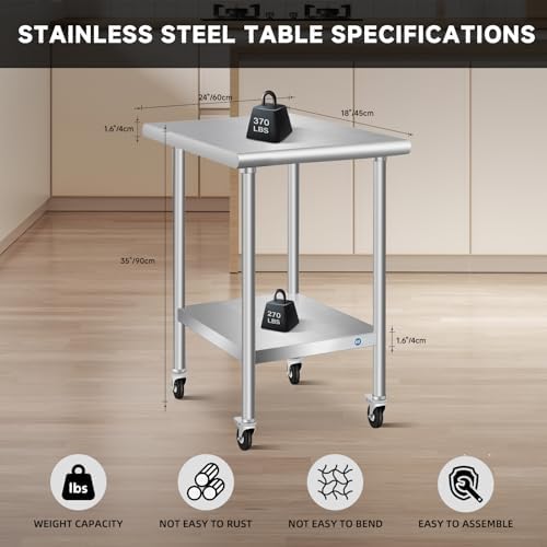 Stainless Steel Table with Wheels 24 x 18 Inch Commercial Stainless Steel Prep Table, Metal Table for Kitchen Restaurant Garage