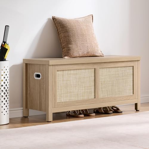 SICOTAS Rattan Storage Chest 39.4" Storage Bench for Bedroom | Modern Boho Storage Truck with 2 Safety Hinges and Flip Top for Living Room Entryway, Supports 220 lb, Light Oak