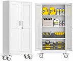 GAIOUS Metal Garage Storage Cabinet with Lock, 61” Tall Lockable File Cabinet with Wheels, Steel Tool Cabinet with 2 Door and 3 Adjustable Shelves, Rolling Cabinet for Home Office Garage Gym - White
