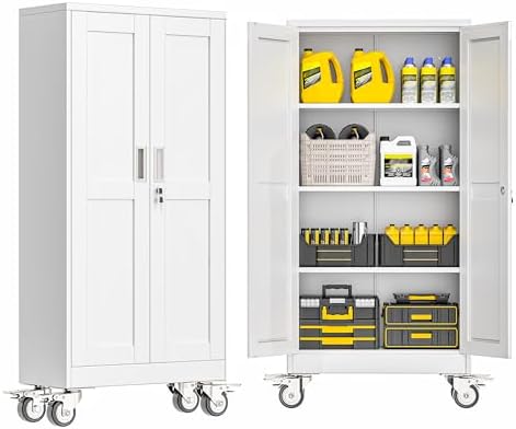 GAIOUS Metal Garage Storage Cabinet with Lock, 61” Tall Lockable File Cabinet with Wheels, Steel Tool Cabinet with 2 Door and 3 Adjustable Shelves, Rolling Cabinet for Home Office Garage Gym - White