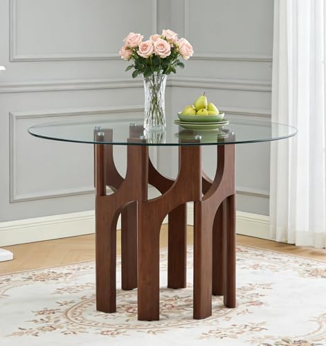 Round Dining Table,46 Inch Glass Kitchen Dining Room Table with Wooden Walnut Pedestal Base,Modern Circle Clear Glass Top 4-6 Person Dinner Table for Small Spaces Home/Apartment