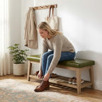 HUIMO Entryway Shoe Bench with Cushion, End of Bed Bench,Upholstered Bench for Kitchen, Bench with Solid Wood Shelf, Leather Ottoman Bench for Hallway, Living Room (PU-Green)