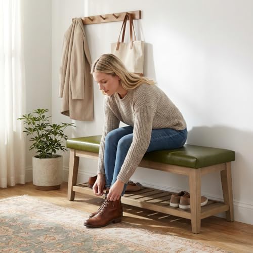 HUIMO Entryway Shoe Bench with Cushion, End of Bed Bench,Upholstered Bench for Kitchen, Bench with Solid Wood Shelf, Leather Ottoman Bench for Hallway, Living Room (PU-Green)
