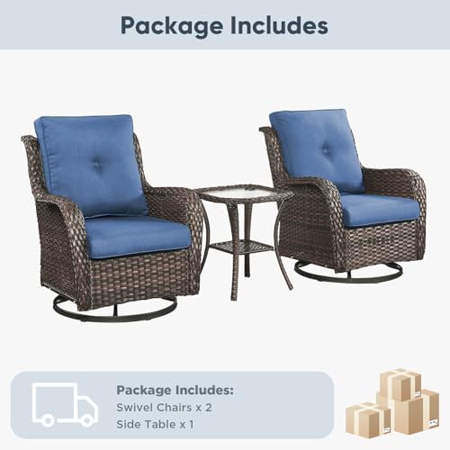 Belord Patio Wicker Chairs Swivel Rocker,Outdoor Patio Furniture Set with Rattan Side Table, All Weather Conversation Set for Porch Poolside Balcony, Brown Wicker/Blue