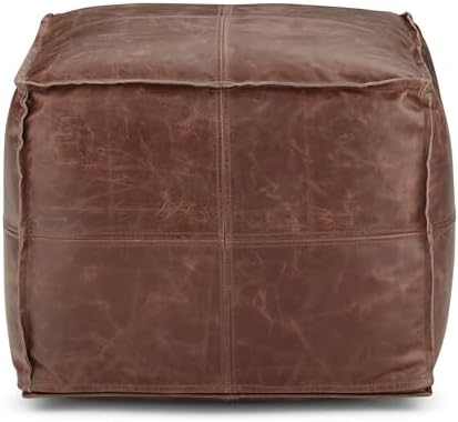 SIMPLIHOME Sheffield 18" Wide Square Genuine Leather Pouf in Brown | Distressed brown boho footrest, extra seating and accent piece for living room or bedroom, assembled; pouf ottoman.