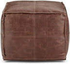 SIMPLIHOME Sheffield 18" Wide Square Genuine Leather Pouf in Brown | Distressed brown boho footrest, extra seating and accent piece for living room or bedroom, assembled; pouf ottoman.