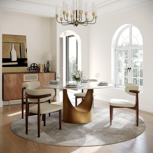 POVISON Round Dining Table Set, 47" Sintered Stone Dining Table with 4 Dining Chairs Set, Glossy White Sintered Stone Tabletop with Bronze Carbon Steel Pedestal
