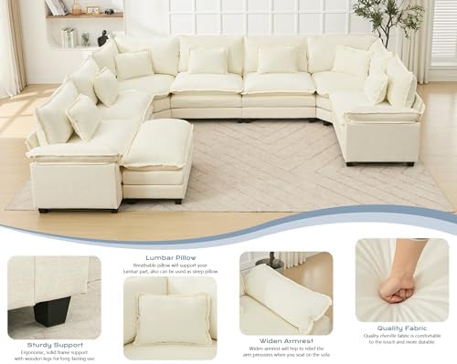145" Oversized Modular Sectional Sofa U-Shaped Corner Cloud Couch with Ottoman, Convertible Deep Seat Chenille Couch for Living Room, Spacious Space (Cream White, 7 Seater)