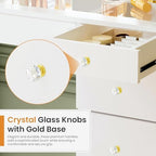 11 Drawers Glass Top Vanity Desk, Crystal Handles Makeup Vanity with Mirror and Lights, Dressing Table with Power Outlet, Adjustable Lighting Modes, White