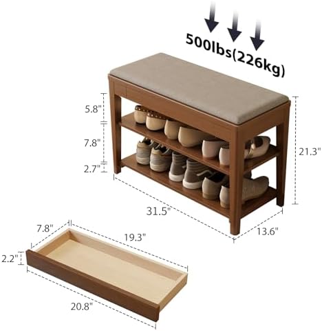 Small Shoe Bench with Storage, Wooden Shoe Storage Bench with Cushion&Hidden Drawer, 2-Tier Shoe Rack Bench for Entryway, Mudroom, Hallway