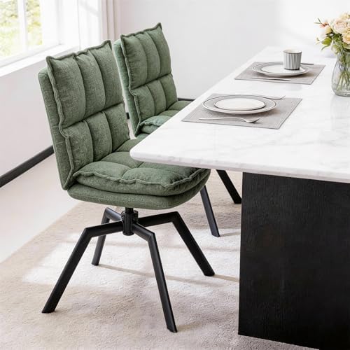 Swivel Dining Chairs Set of 6, Mid-Century Modern Chairs with Linen Fabric, High Back with High-Density Stuffed PP Cotton & Automatic Swivel Metal Legs, Suitable for Kitchen & Living Room(Green)