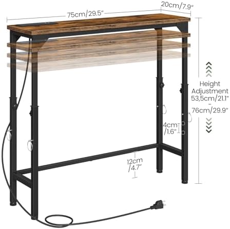 CHOEZON 29.5" Narrow Console Table with Adjustable Height (21.1"-29.9"), Behind Couch Table, Entryway Table with Power Outlet, Narrow Sofa Table, for Entryway, Rustic Brown and Black TXG10UBF