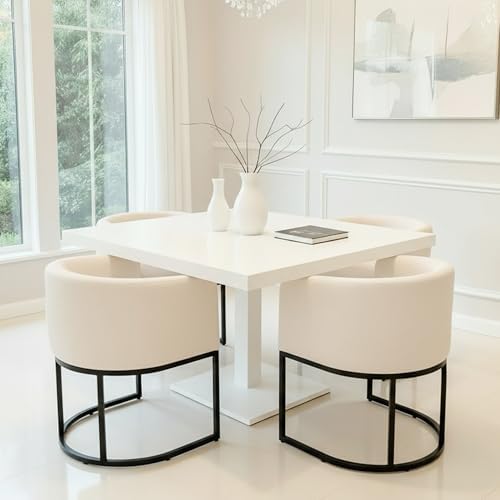 HNY Mid Century Modern Upholstered Barrel Dining Chairs with Arms Set of 2, Linen Kitchen & Dining Room Chairs, 18.5" Wide Accent Chair for Dining Room Living Room with Black Metal Frame, Cream
