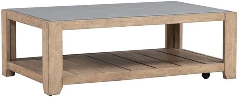 Pemberly Row 3-Piece Coffee Table Set, Rubberwood with Split Heart Cathedral White Oak Veneers, Nutmeg Finish, Includes Cocktail Table with Casters & 2 End Tables with Drawers, Tile Insert Tops for