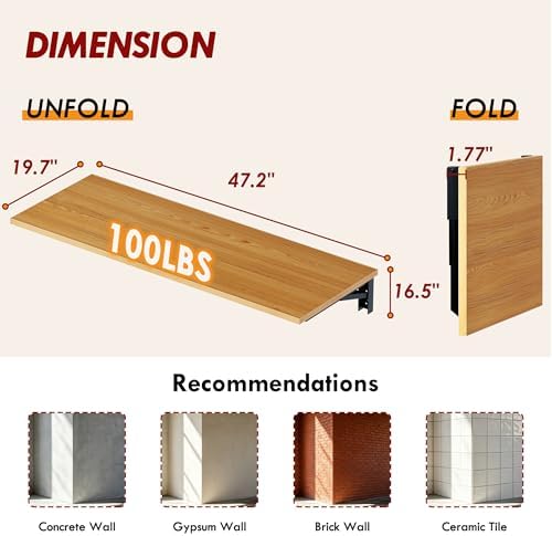 Need 47x20 Inch Wall Mounted Folding Table for Office Laundry Teak | Black Frame Fold Down Wall Mount Desk Folding Wall Table for Small Apartment, Garage&Ironing Station