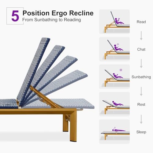 PURPLE LEAF Extra Wide Patio Lounge Chair Resort Wicker Set of 2, Navy | Handwoven Wicker, Teak Wood-Grain Aluminum Frame, 5 Adjustable Positions, Non-Slip Pads, Oversized Frame, 440 lbs Capacity