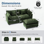 Redlife 78" Modular Sectional Loveseat Sofa with Ottoman | 2-Seater Chenille Couch Set with Spring & Double Foam Cushion System, Removable Covers, Easy To Assembly, Green