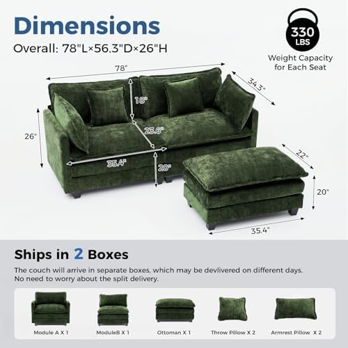 Redlife 78" Modular Sectional Loveseat Sofa with Ottoman | 2-Seater Chenille Couch Set with Spring & Double Foam Cushion System, Removable Covers, Easy To Assembly, Green