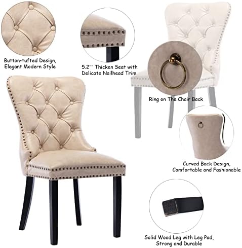 CIMOTA Beige Leather Dining Chairs Set of 8 Mid Century Modern Dining Room Chairs Tufted Upholstered Kitchen Dining Chairs Comfortable Side Chairs with Nailhead Trim/Ring Back (PU /8PCS)