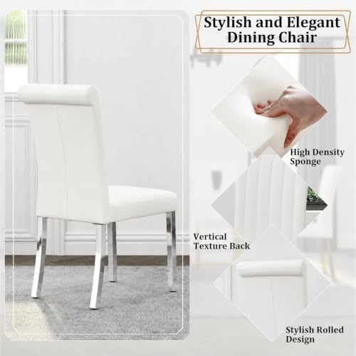 Asday White Leather Dining Chairs Set of 4, White and Silver Dining Room Chairs with Mirrored Chrome Stainless Steel Legs and Rolled Back Design