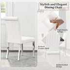 Asday White Leather Dining Chairs Set of 4, White and Silver Dining Room Chairs with Mirrored Chrome Stainless Steel Legs and Rolled Back Design