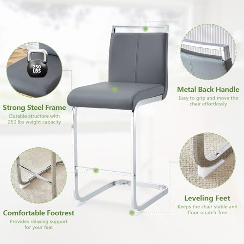 Counter Height Bar Stools Set of 4 - Grey Bar Stools for Kitchen Island,25'' Counter Stools with Leather Upholstered Seat,Metal Kitchen Island Chairs Ideal for Bar,Pub,Coffee Shop