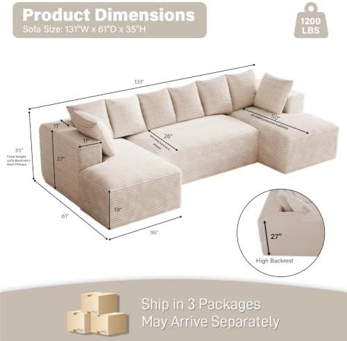 ONEMMLION 131" Oversized Cloud Couch Sofa with Chaise, Beige | Corduroy, U-Shaped Modular Sectional Couch for Living Room, Memory Foam, 19" Comfort-Height Seating, Deep Seat, Wide Armrest