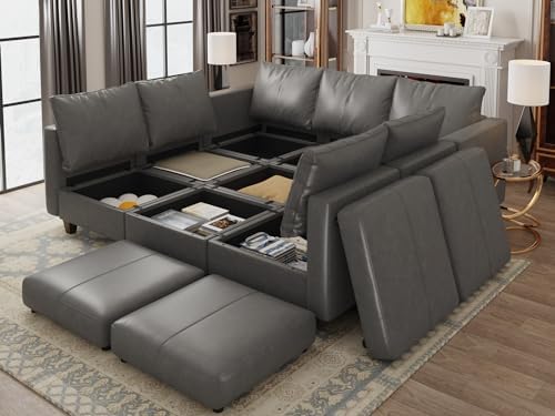 EASE MOOSE Faux Leather Sectional Modular Couch Sleeper Sectional Sofa | Faux Leather Modular Sectional sofa with Storage, Material Scratch Resistant ,Convertible sofa bed,Freely combinable
