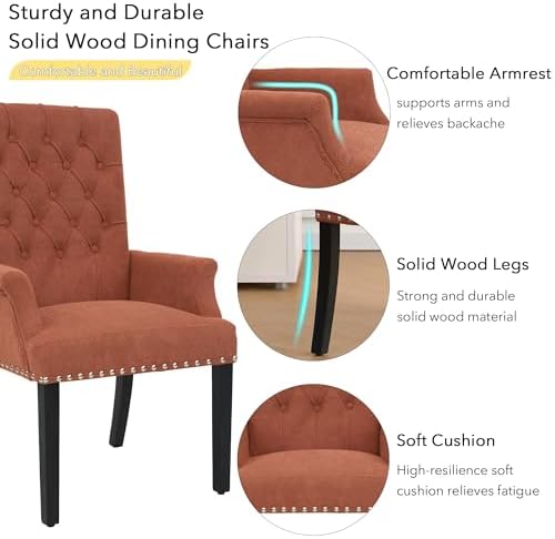 adochr Dining Chairs with Arms,Linen High Back Dining Room Chairs, Orange | Upholstered Accent Armchair with Solid Wood Legs & Nailhead Trim for Kitchen Living Room, 500 LBS Capacity