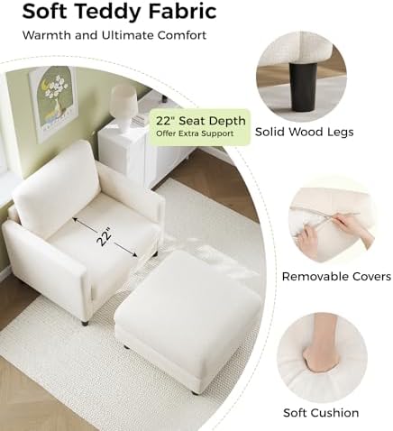 Welzona Sofa Accent Chair with Ottoman, 33" Teddy Reading Chair and Ottoman | Comfy Teddy Fabric, Tool-free Setup, Washable Covers, All-wood Chair and Ottoman Sets for Living Room, Bedroom, Beige