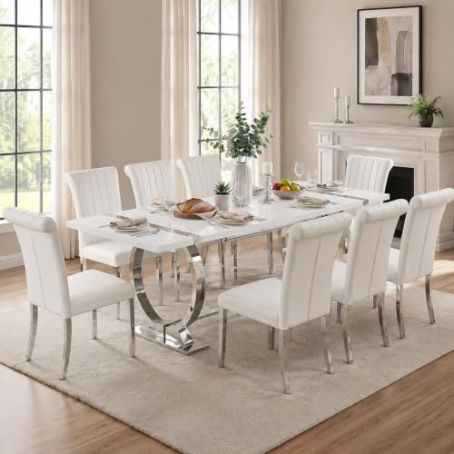 Asday White Leather Dining Chairs Set of 4, White and Silver Dining Room Chairs with Mirrored Chrome Stainless Steel Legs and Rolled Back Design