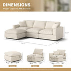 Modern Sectional Linen Couch for Living Room L-Shape Sofas,4 Seat Modular Cloud Sofas,Detachable Couch Cushion Covers,Cozy Feather Down Sofa for Apartment Khaki