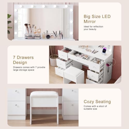 SweetGO 46" LED Lighted Makeup Vanity Desk, 7 Smooth-Glide Drawers, USB & AC Charging Station, Adjustable 3 Light Modes, Cushioned Stool Included, White