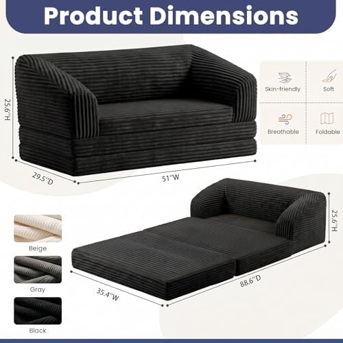 JUIKURY Convertible Sofa Bed, 3-in-1 Foldable Loveseat Couch with Armrest, Corduroy Floor Sofa & Sleeper Bed, No Assembly High-Density Foam Futon Mattress for Living Room, Small Apartment, Dorm